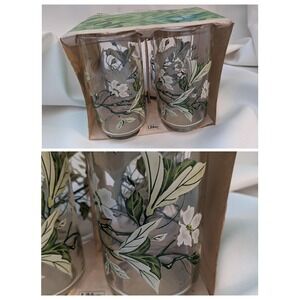 Set of 4 Libbey Cooler Glasses 16 oz Clear‎ Green White Flower Bloom 399 NEW